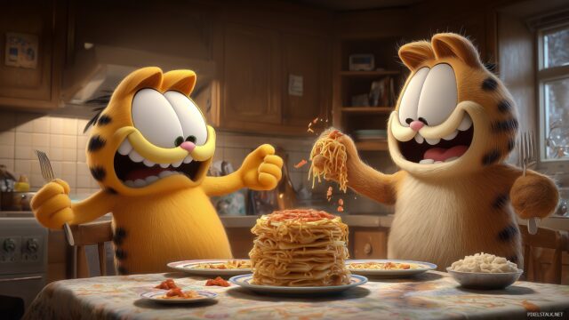 Garfield HD Wallpaper Free Download, An Enticing Image Of Garfield In A Playful Showdown With Jon Over Lasagna