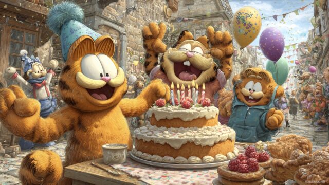 Garfield Wallpaper For Desktop, A Joyful Scene Of Garfield Celebrating His Birthday With Friends And A Giant Cake
