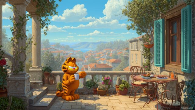 Garfield Wallpaper For Mac, A Bright Morning Scene Of Garfield Enjoying Coffee On A Patio With A View