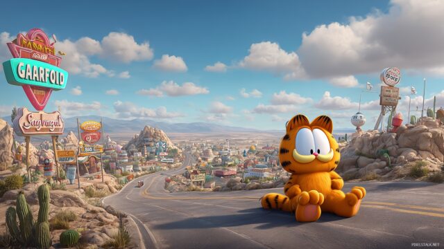 Garfield Wide Screen Desktop Wallpaper, A Panoramic View Of Garfield On A Road Trip, Complete With Iconic Roadside Attractions