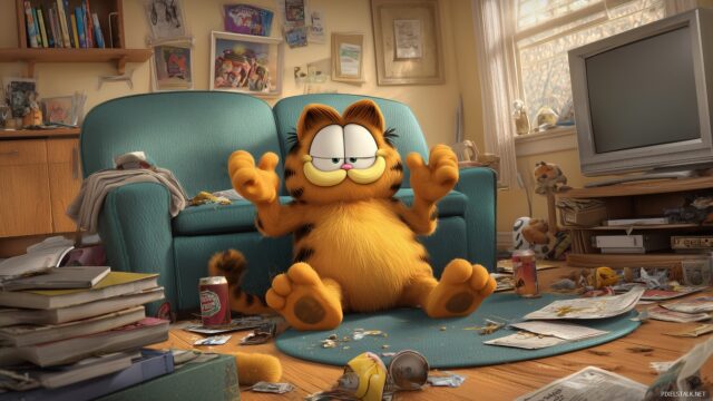 Garfield High Definition Desktop Wallpaper, An Action Packed Scene Of Garfield Engaged In Hilarious Mischief At Home