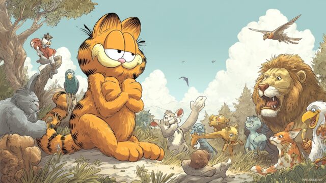 Garfield High Definition Wallpaper, A Playful Illustration Of Garfield Interacting With Various Animals In A Cartoon Setting