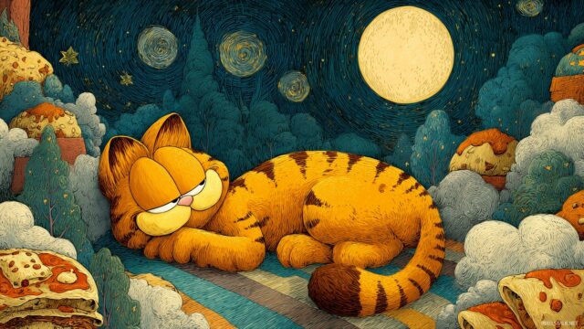 Garfield High Quality Wallpaper, An Artistic Representation Of Garfield Dreaming Of Lasagna In A Whimsical Dreamscape