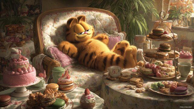 Garfield High Resolution Desktop Wallpaper, A Charming Illustration Of Garfield Lounging In A Sunbeam, Surrounded By Delicious Treats