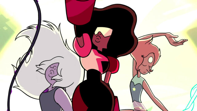 Garnet Steven Universe Wallpaper Featuring Garnet Amethyst and Pearl in Action Pose
