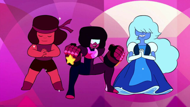 Garnet Steven Universe Wallpaper Featuring Garnet Ruby and Sapphire in Colorful Background
