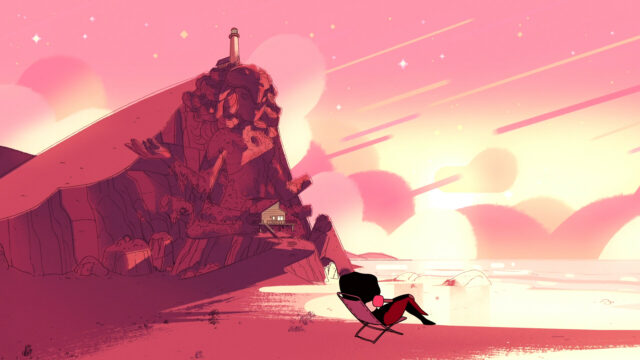 Garnet Steven Universe Wallpaper Relaxing by Giant Statue at Pink Sunset Beach