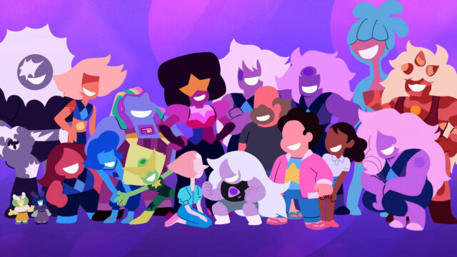 Garnet Steven Universe group wallpaper featuring main and supporting characters in vibrant purple background