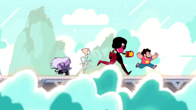 Garnet and Steven Universe Characters Running Together in Animated Landscape Wallpaper