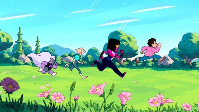 Garnet and Steven Universe Characters Running in Bright Green Field Wallpaper