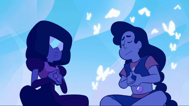 Garnet and Steven Universe Meditating with Glowing Butterflies Wallpaper