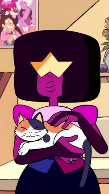 Garnet from Steven Universe holding a calico cat cozy wallpaper background