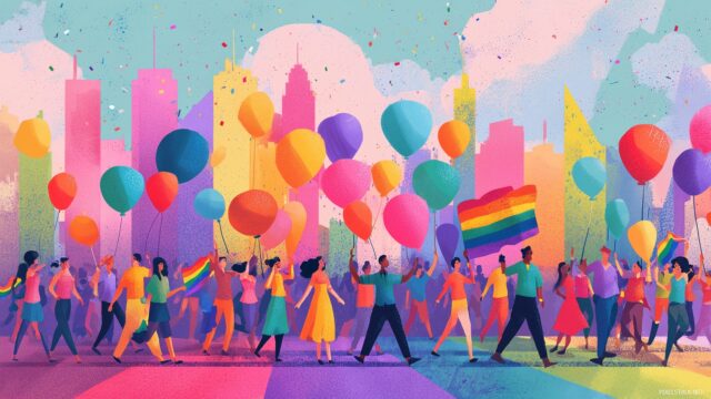 Gay Pride Desktop Wallpaper HD Free Download, A Colorful Parade Scene With Joyful Participants Celebrating Diversity