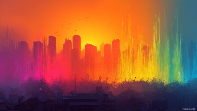 Gay Pride HD Wallpaper, Vibrant Rainbow Colors Cascading Across An Urban Skyline During Sunset