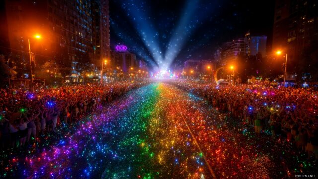 Gay Pride HD Wallpaper For Desktop Computer, A Festive Gathering With Colorful Lights Illuminating The Scene
