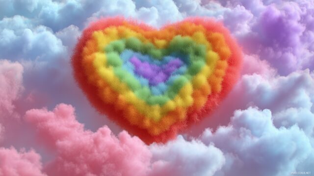Gay Pride Wallpaper HD For Desktop, A Heart Symbol Made Of Rainbow Colors Surrounded By Soft Clouds