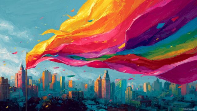 Gay Pride Wallpaper HD For PC, An Artistic Representation Of A Rainbow Flag Waving In The Wind Against A Cityscape