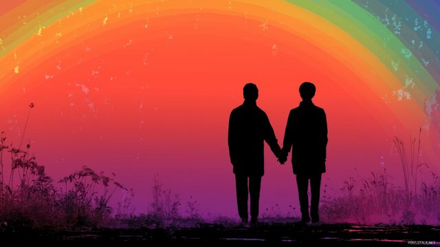 Gay Pride Wallpaper For Desktop Computer, Silhouette Of A Couple Holding Hands With A Rainbow Backdrop