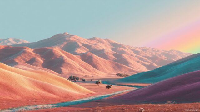 Gay Pride Wallpaper For Mac, A Dreamy Landscape With Rolling Hills Covered In Rainbow Pastels