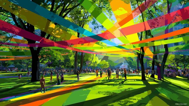 Gay Pride Wide Screen Desktop Wallpaper, Lush Green Park Filled With People Connected By Colorful Ribbons