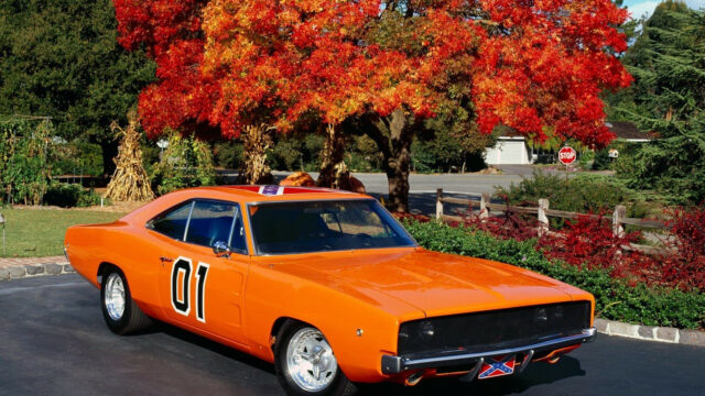 General Lee Car Wallpaper Bright Orange Dodge Charger with Autumn Background