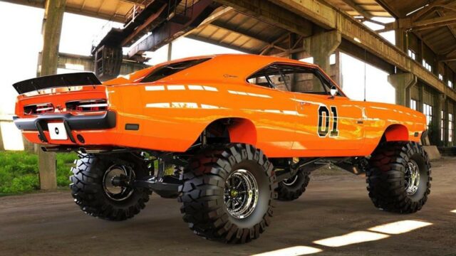 General Lee Car Wallpaper High Lifted Orange Classic Muscle Car with Offroad Tires in Warehouse