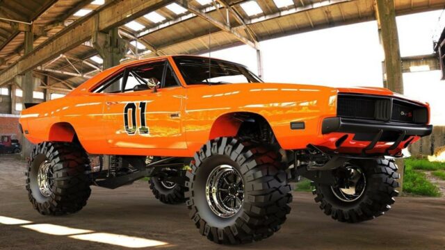 General Lee Car with Offroad Tires in Industrial Warehouse for Wallpapers