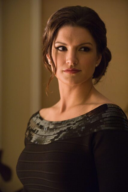 Gina Carano Elegant Portrait in Black Dress Stylish Wallpaper