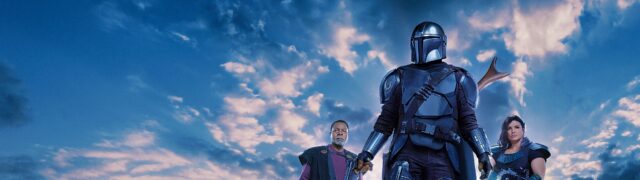 Gina Carano Star Wars The Mandalorian Wallpaper with Mandalorian and Team in Dramatic Sky Background