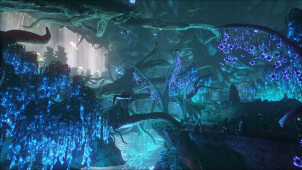 The glowing blue plants light up a mystical forest scene in Ark Survival Evolved, HD Desktop Wallpaper