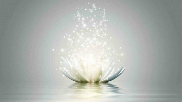 A glowing lotus radiates peaceful energy above calm water, HD Desktop Wallpaper