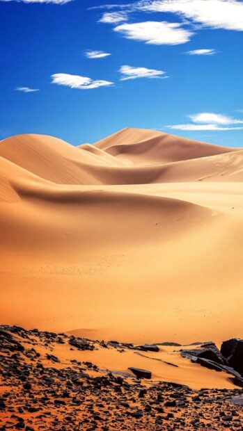The golden desert dunes stretch under a bright blue sky with scattered white clouds in Algeria, HD Phone Wallpaper