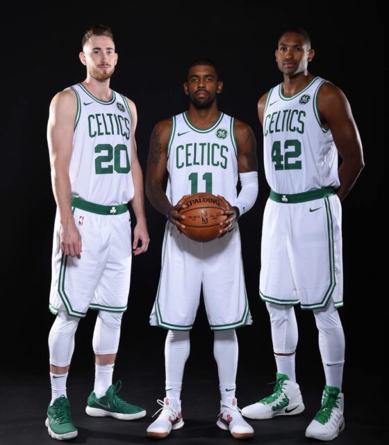 Gordon Hayward Celtics Wallpaper with Teammates Kevin Durant and Al Horford in White Uniforms
