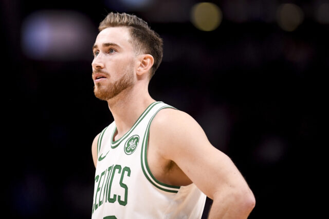 Gordon Hayward focused during basketball game wearing Celtics jersey wallpaper