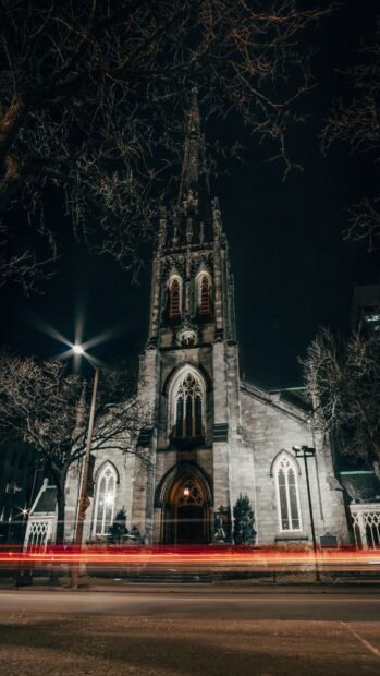 A Gothic cathedral stands illuminated against the night sky with light trails in front, 4K Phone Wallpaper