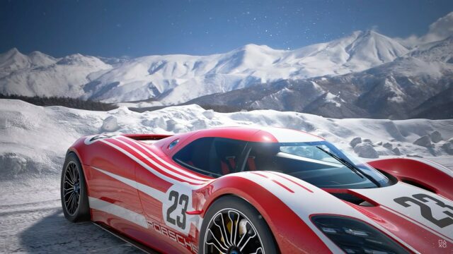 Gran Turismo 7 Wallpaper Sleek Red Car In Snowy Mountain Landscape
