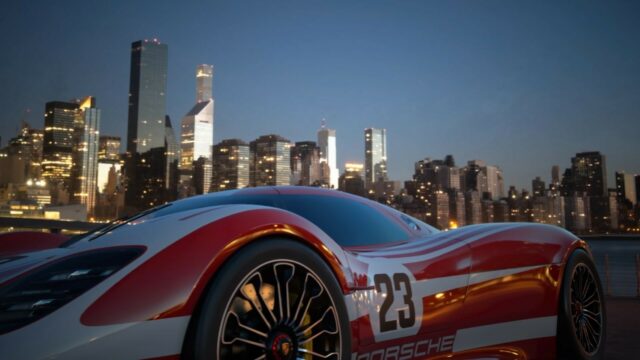 Gran Turismo 7 Wallpaper Sleek Red Racing Car In Cityscape At Dusk