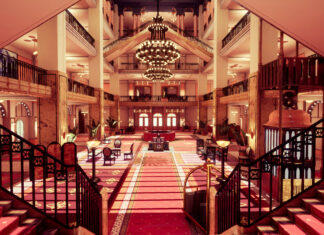 Grand Budapest Hotel Interior Luxurious Lobby Stunning Wallpaper Background