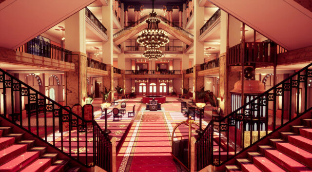 Grand Budapest Hotel Interior Luxurious Lobby Stunning Wallpaper Background
