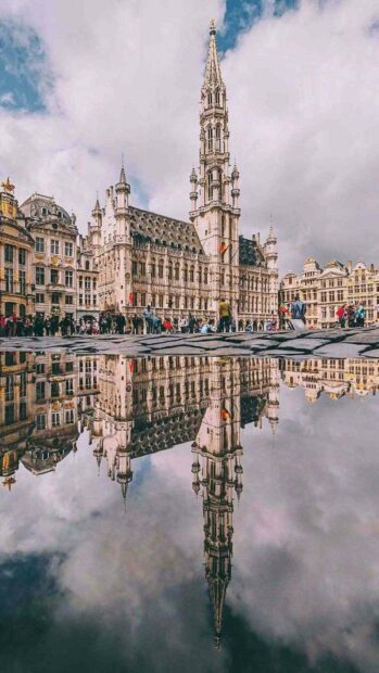 The Grand Place in Brussels features historic gothic buildings with a reflective surface showing the architecture, HD Phone Wallpaper