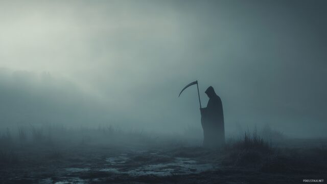 Grim Reaper Desktop HD Wallpaper, A Dark And Enigmatic Grim Reaper Standing In A Desolate Landscape, Cloaked In Shadows, Surrounded By Mist