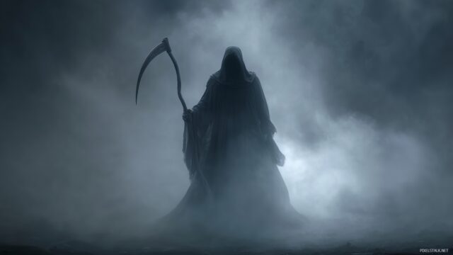 Grim Reaper Desktop Wallpaper High Resolution, A Mythical Grim Reaper Hidden In A Dense Fog With Piercing Eyes, Creating An Air Of Suspense