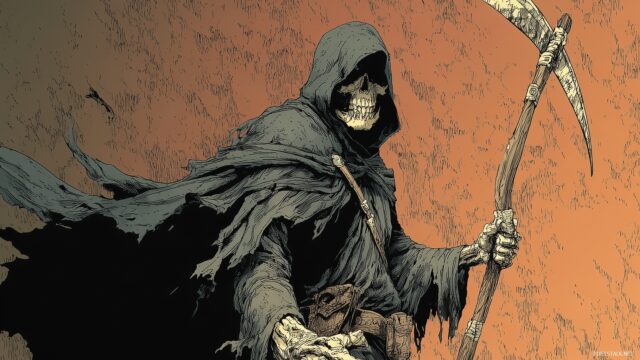 Grim Reaper Desktop Wallpaper Free Download, A Menacing Grim Reaper Portrayed In A Detailed Comic Book Style, Standing Ready, Evoking A Sense Of Confrontation