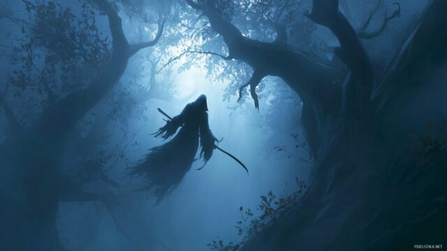 Grim Reaper HD Desktop Wallpaper, A Spectral Grim Reaper Floating Through A Foggy Forest, The Trees Twisted And Gnarled, Capturing The Essence Of Mystery