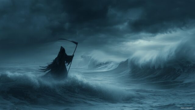 Grim Reaper HD Wallpaper, A Ghostly Grim Reaper Gliding Over A Dark Ocean, Waves Crashing Dramatically Under A Foreboding Sky