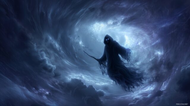 Grim Reaper HD Wallpaper Free Download, An Ethereal Grim Reaper Emerging From A Swirling Vortex, With Glowing Eyes And Tattered Robes, Creating A Haunting Atmosphere