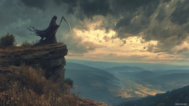 Grim Reaper Ultra HD Desktop Wallpaper, A Majestic Grim Reaper On A Cliff Edge, With Windswept Robes And A Panoramic View Of An Ominous Landscape