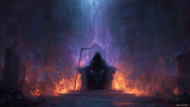 Grim Reaper Wallpaper HD For Desktop, A Shadowy Grim Reaper Sitting On A Throne Of Bones, Surrounded By Ethereal Flames That Flicker And Dance