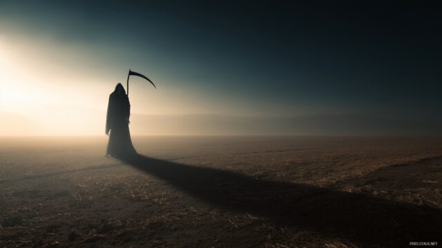 Grim Reaper Wallpaper HD For Desktop Computer, A Hauntingly Beautiful Grim Reaper Standing On A Barren Land, With Shadows Stretching Long Into The Distance