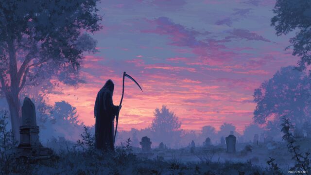 Grim Reaper Wallpaper HD Free Download, A Serene Grim Reaper Overlooking A Tranquil Graveyard, Bathed In Twilight, Evoking A Sense Of Peace And Reflection